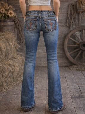 COWGIRL TUFF "Crosses Shimmer" 🤎 bootcut horseback riding jeans sz 27x35L TALL